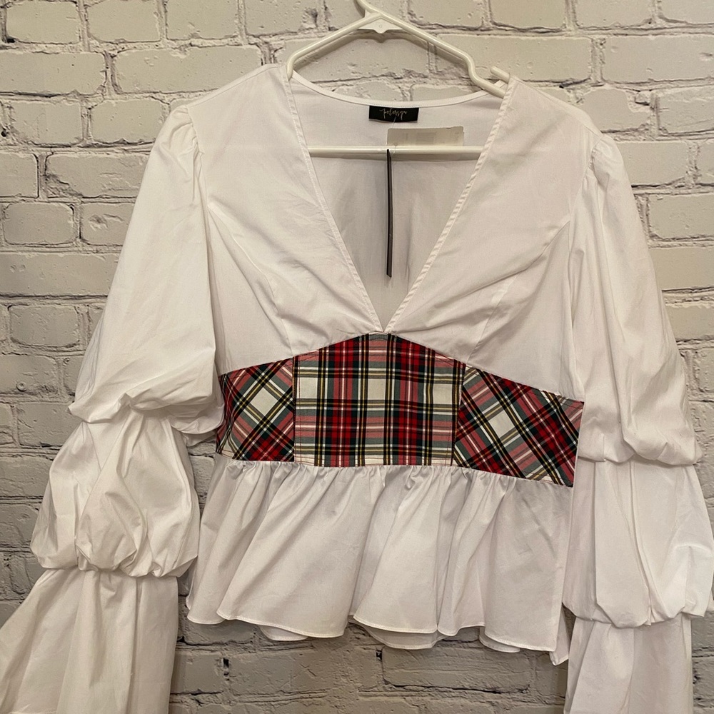 Petersyn Women's White Plaid Long Sleeve Blouse Cotton Size SZ L